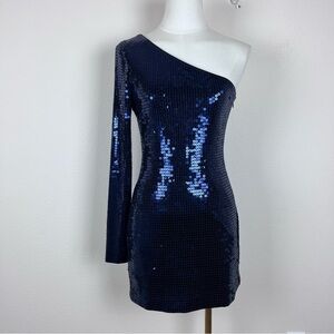 Rachel Zoe Dress Womens Two Mini Sequin One Shoulder Party Holiday Evening Blue
